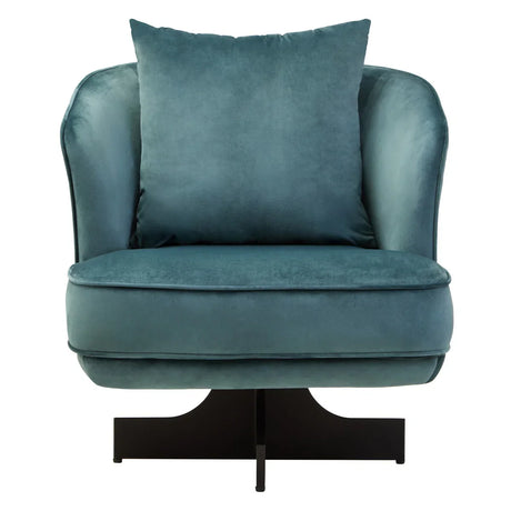 Teal velvet accent chair with cushion and black metal base, front view