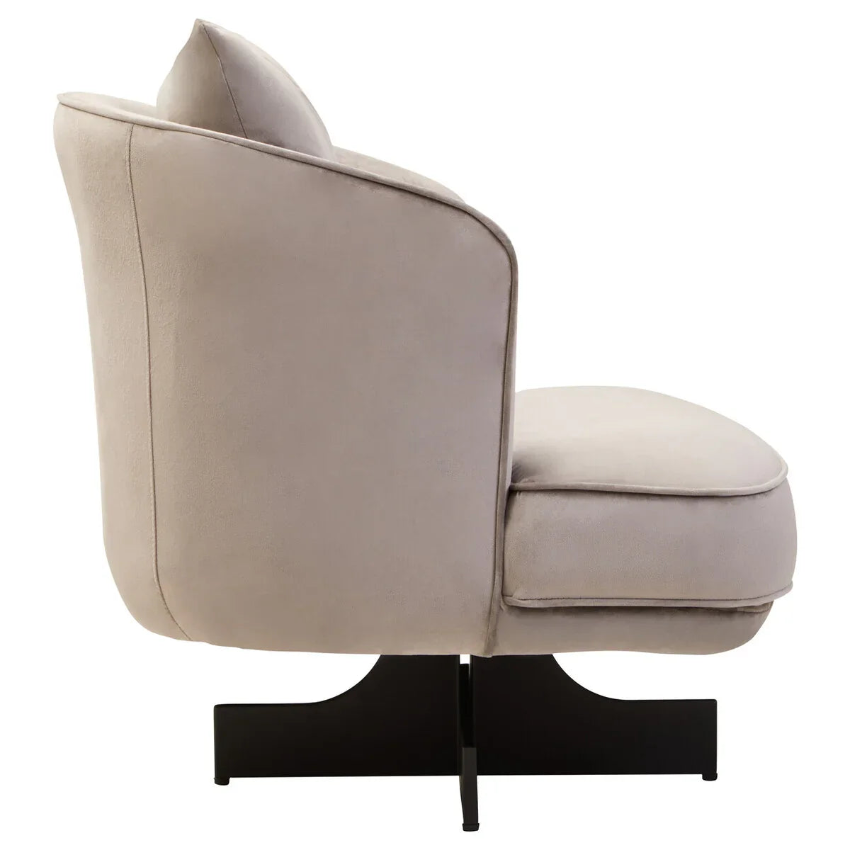 Side view of beige upholstered accent chair with black base and matching back cushion