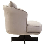 Side view of beige upholstered accent chair with black base and matching back cushion
