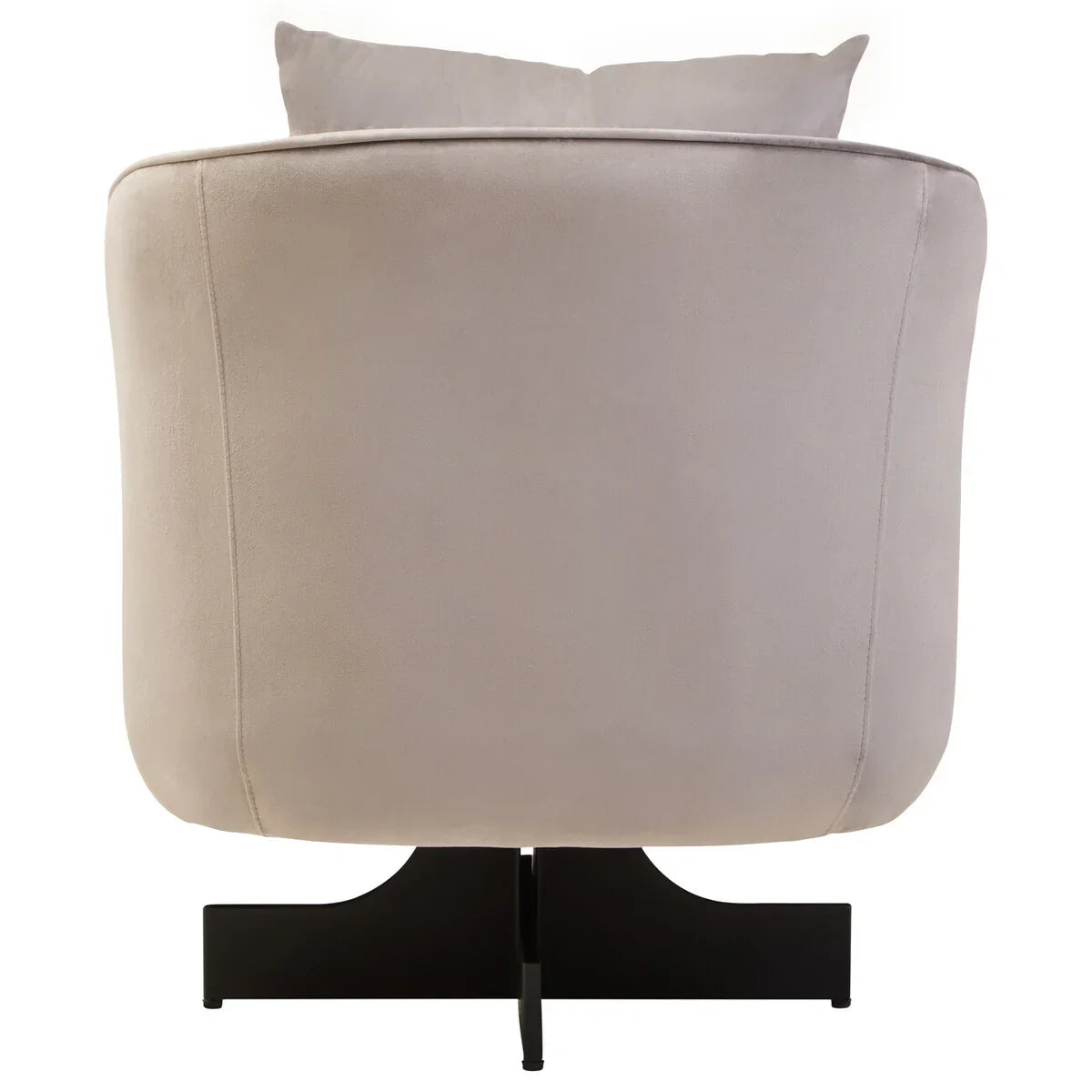 Rear view of beige velvet armchair with black metal base and cushion