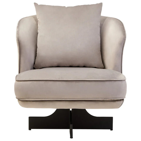 Beige velvet accent chair with curved back and plush cushion on black metal base