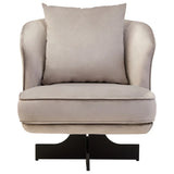 Beige velvet accent chair with curved back and plush cushion on black metal base