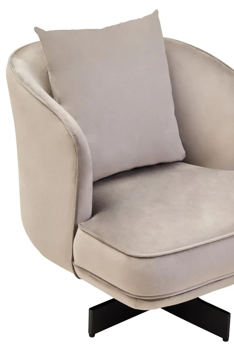 Beige fabric accent chair with cushion and black swivel base, close side angle