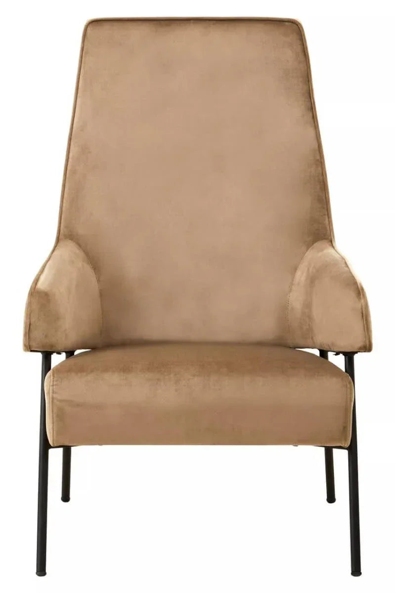 Tan velvet accent chair with high backrest and black metal legs, front view