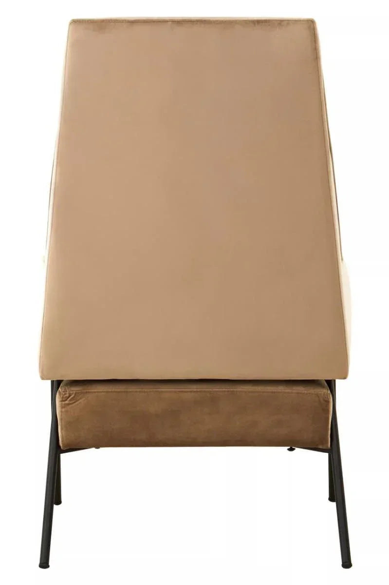 Rear view of tan accent chair with metal legs and cushioned suede seat