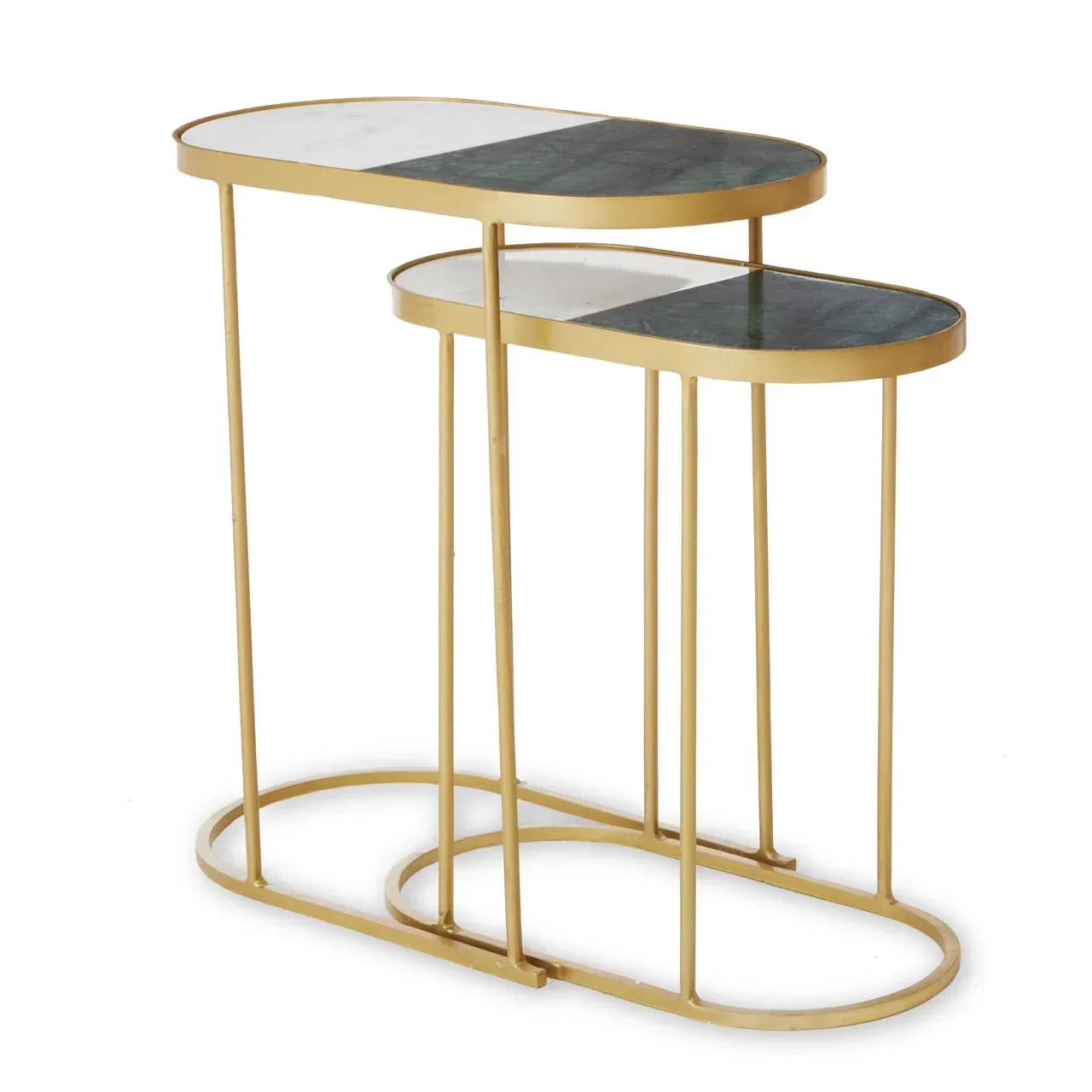 Set of two oval nesting tables with gold metal frame and marble tops