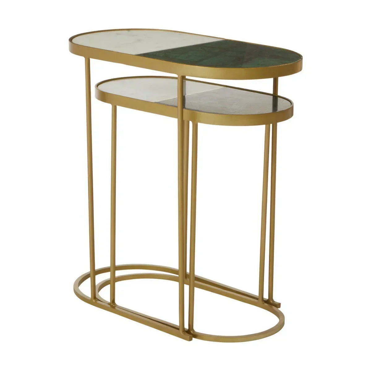 Gold metal and marble nesting side tables with oval tops and dual tier design