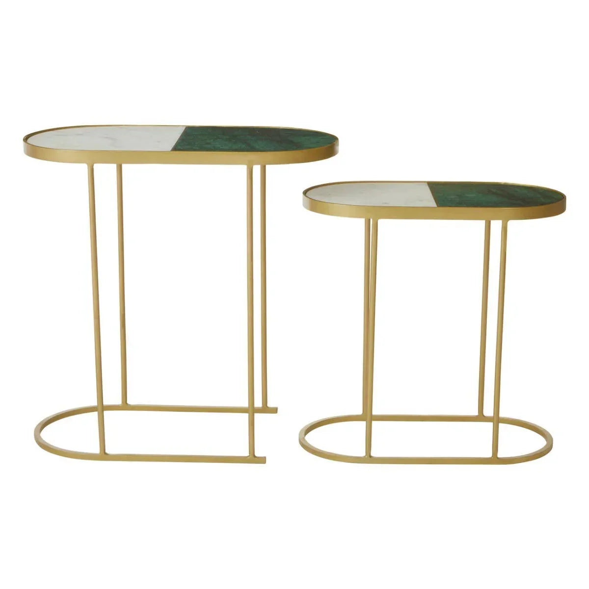 Set of two oval marble top side tables with gold metal frames