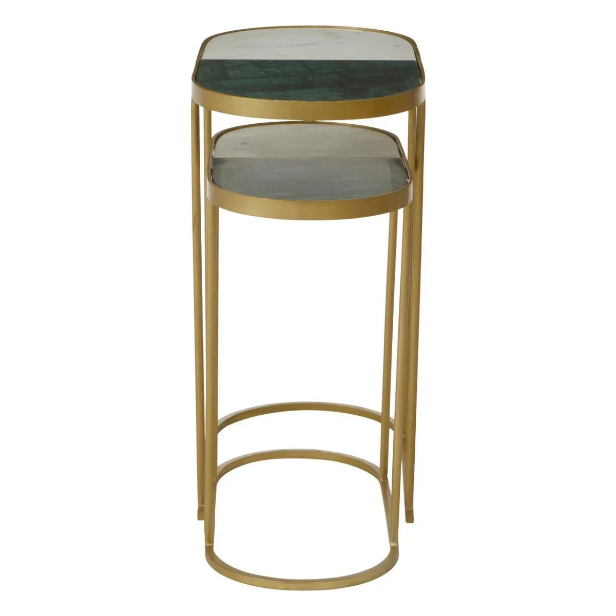 Set of two round nesting side tables with green marble tops and gold metal frames
