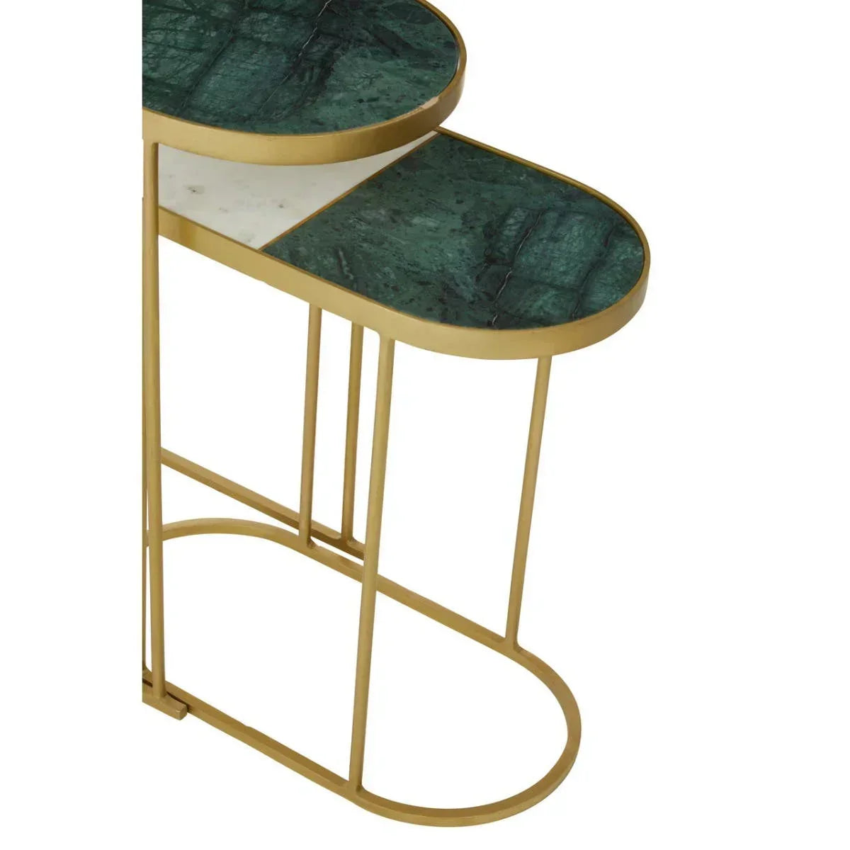 Green marble nest of tables with gold metal frame and white marble accent