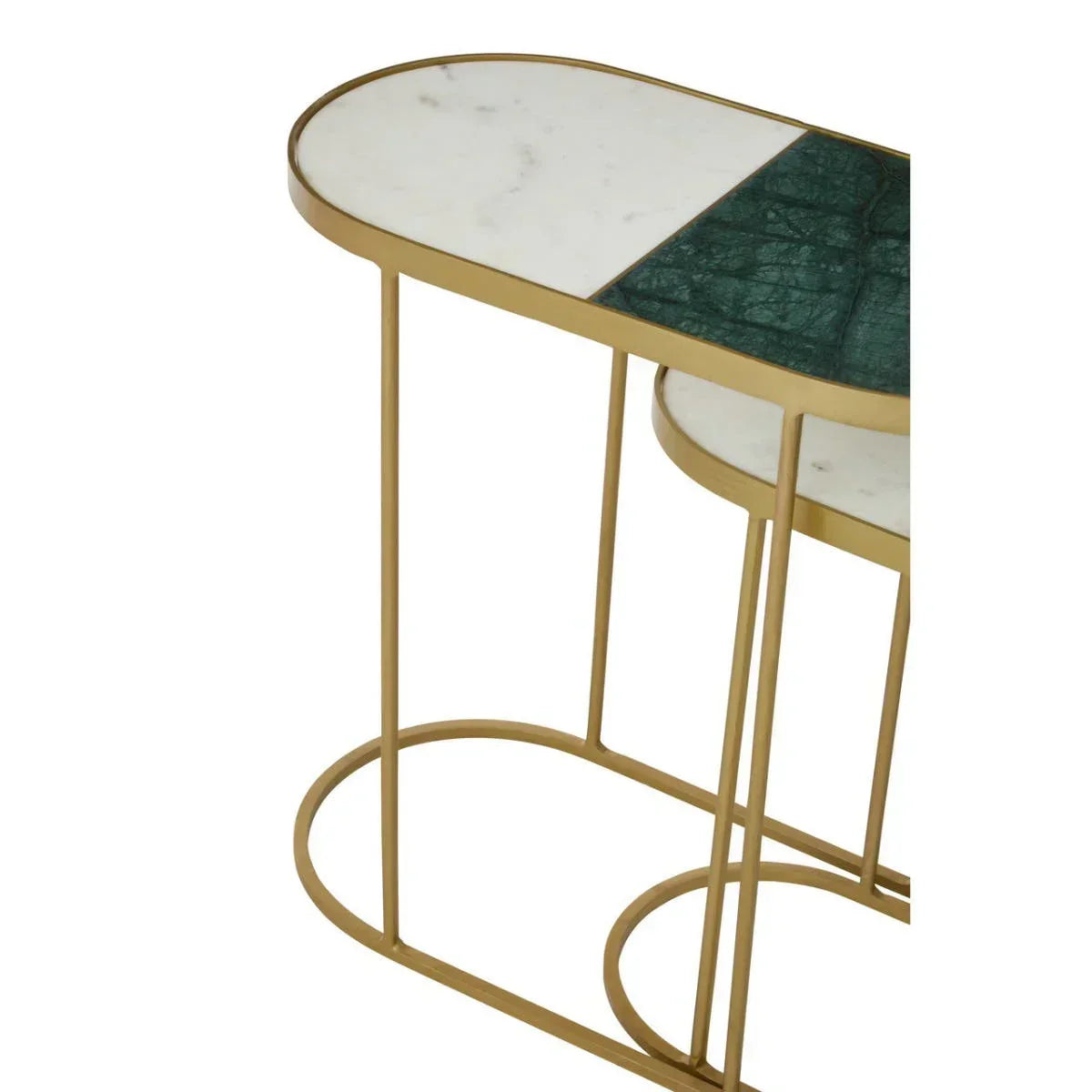 Oval marble side table with gold metal frame and green accent, closeup view