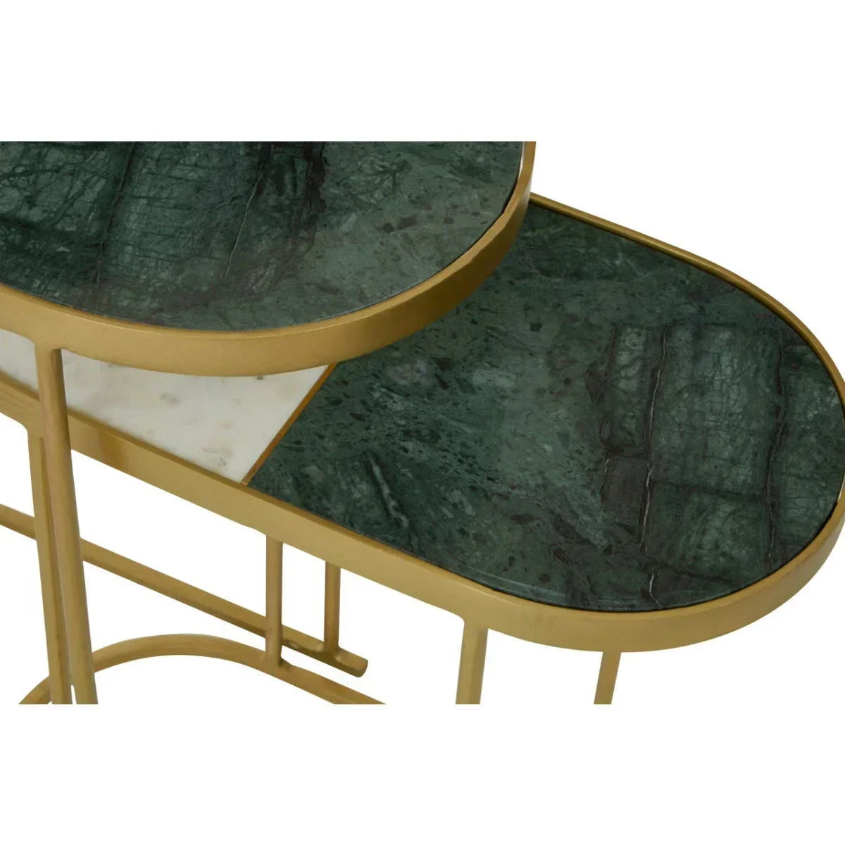 Green marble nesting tables with gold metal frames, close-up of tabletops