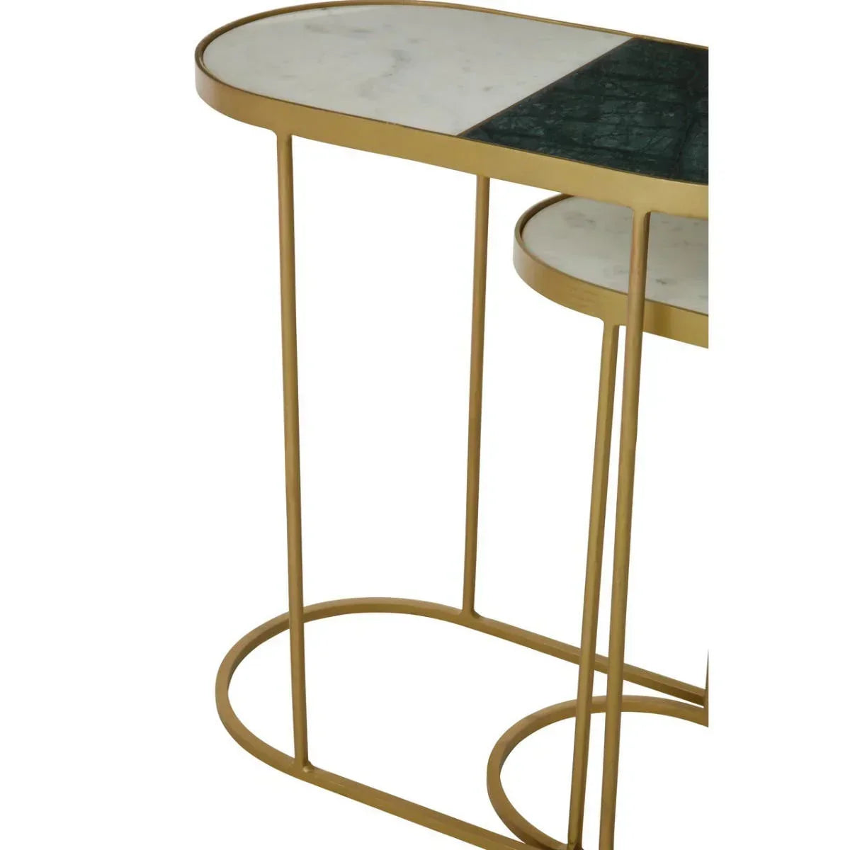 Gold frame nesting tables with marble and green stone tops, side angle close-up