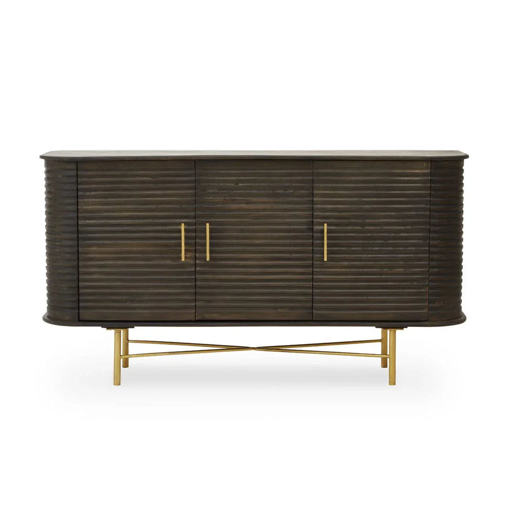 Rustic Mango Wood Sideboard with Fluted Detail and Brass Base