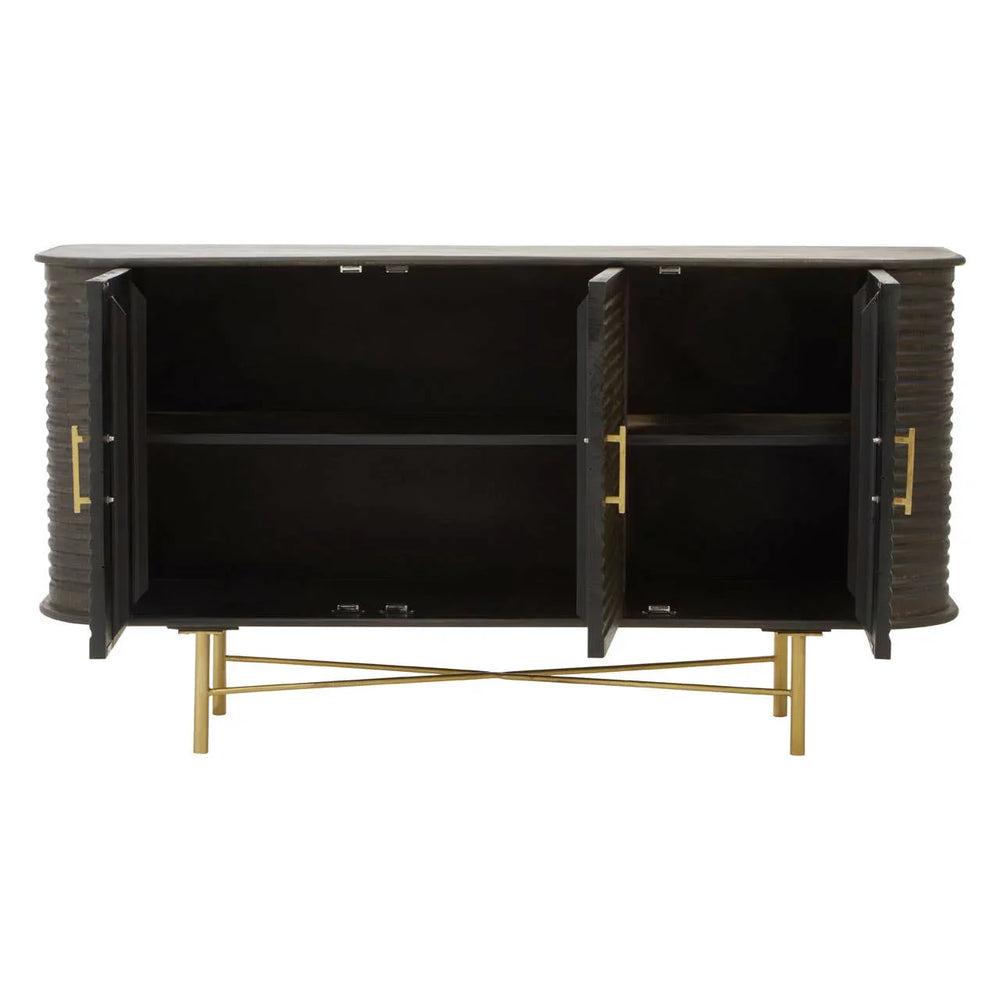 Rustic Mango Wood Sideboard with Fluted Detail and Brass Base