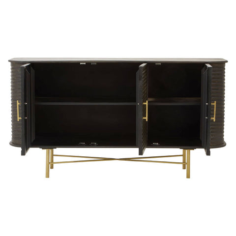 Rustic Mango Wood Sideboard with Fluted Detail and Brass Base