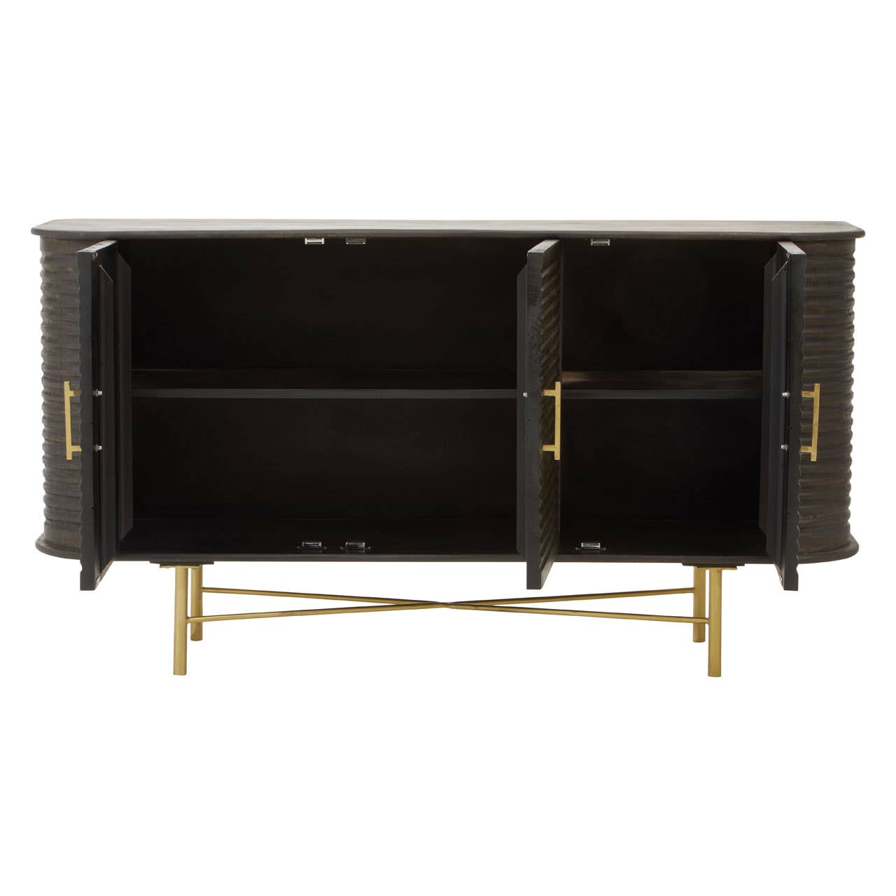 Rustic Mango Wood Sideboard with Fluted Detail and Brass Base
