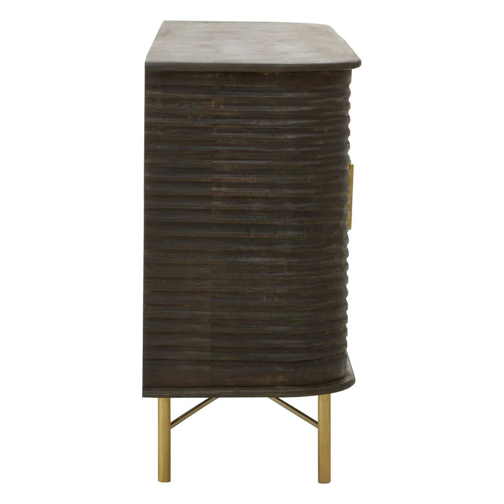 Rustic Mango Wood Sideboard with Fluted Detail and Brass Base