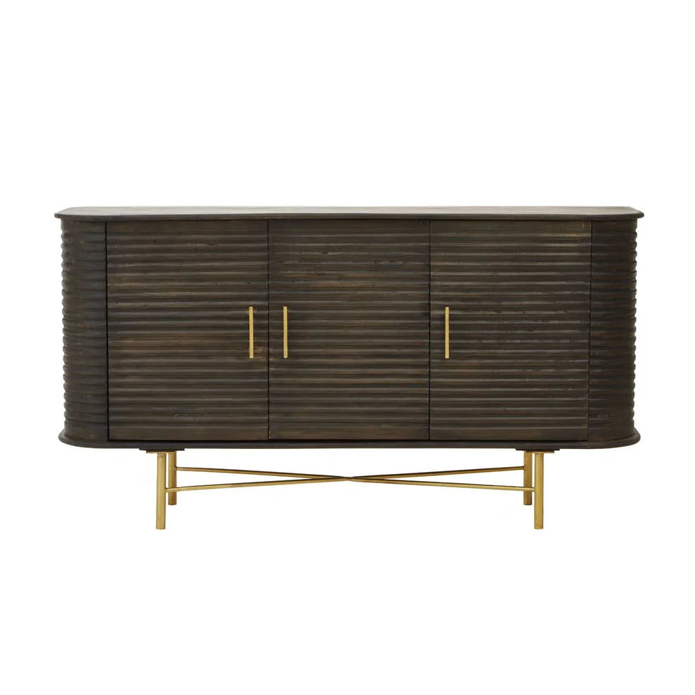 Rustic Mango Wood Sideboard with Fluted Detail and Brass Base