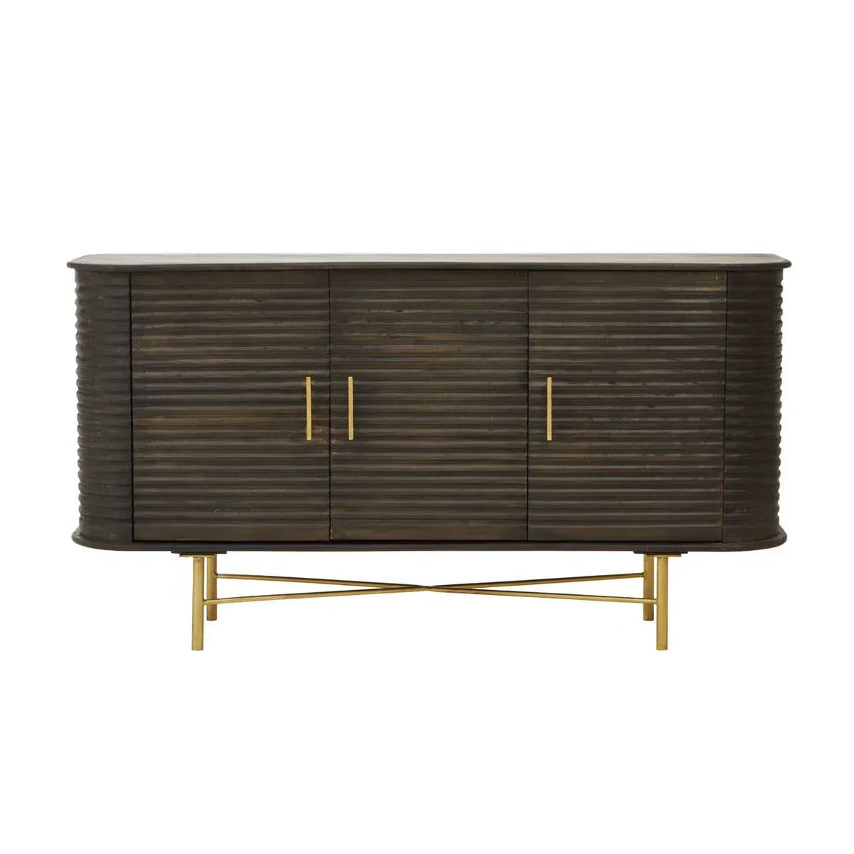 Dark wood sideboard with ribbed doors and gold metal legs, front view