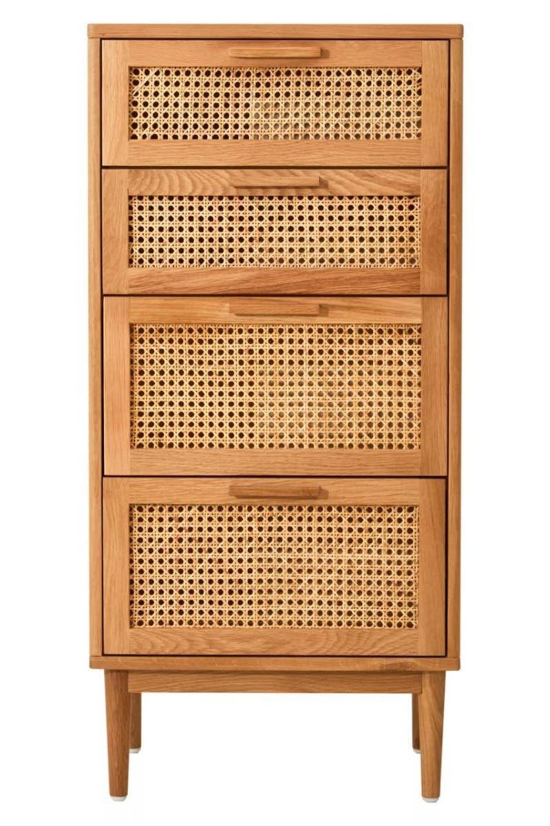 Tall wooden chest of drawers with cane panel fronts and angled legs