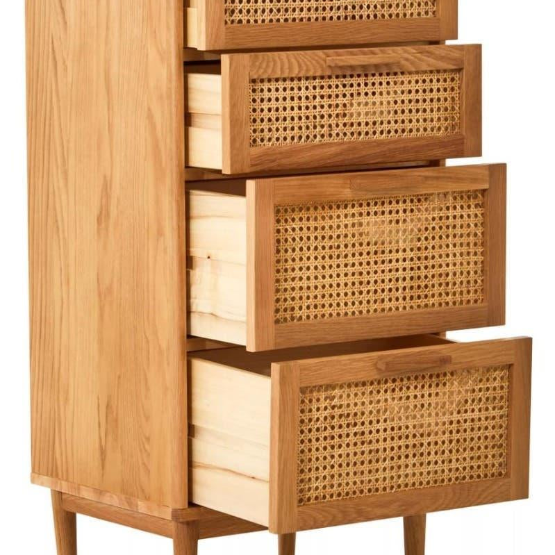 Oak chest of drawers with woven rattan drawer fronts and angled wooden legs
