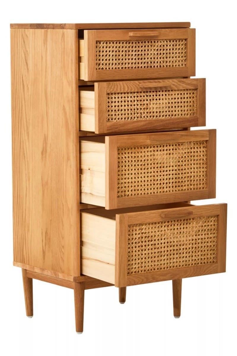 Oak chest of drawers with woven rattan drawer fronts and angled wooden legs