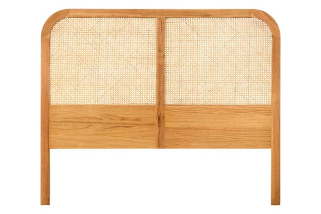 Double bed headboard featuring a curved top design, made from oak wood with a natural finish. The center is woven with rattan, creating a textured look. The headboard has a sturdy base and is designed to fit a standard double bed