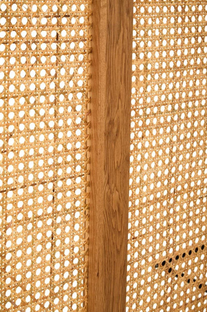 Close-up view of the Lyon Rattan and Oak Wood Double Bed Headboard, showcasing the intricate woven rattan pattern and the smooth oak wood frame, highlighting the natural textures and warm tones of the materials