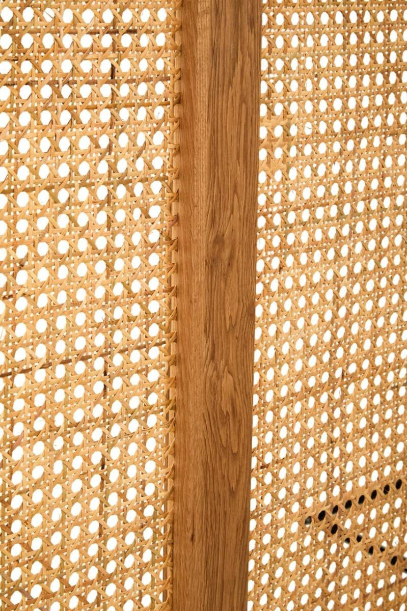 Close-up view of the Lyon Rattan and Oak Wood Double Bed Headboard, showcasing the intricate woven rattan pattern and the smooth oak wood frame, highlighting the natural textures and warm tones of the materials