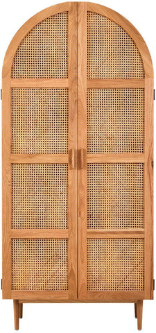 Lyon Rattan and Oak Wood 2 Door Wardrobe featuring a curved top, two rattan-covered doors with wooden frames, and tapered legs, showcasing a natural wood finish