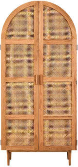 Lyon Rattan and Oak Wood 2 Door Wardrobe featuring a curved top, two rattan-covered doors with wooden frames, and tapered legs, showcasing a natural wood finish