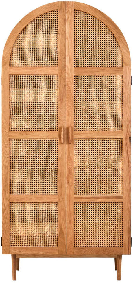 Lyon Rattan and Oak Wood 2 Door Wardrobe featuring a curved top, two rattan-covered doors with wooden frames, and tapered legs, showcasing a natural wood finish