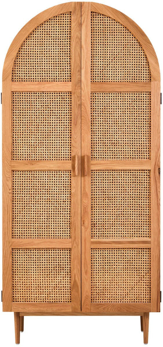 Lyon Rattan and Oak Wood 2 Door Wardrobe featuring a curved top, two rattan-covered doors with wooden frames, and tapered legs, showcasing a natural wood finish