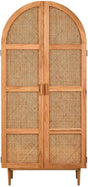 Lyon Rattan and Oak Wood 2 Door Wardrobe featuring a curved top, two rattan-covered doors with wooden frames, and tapered legs, showcasing a natural wood finish
