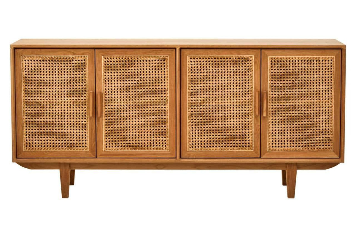 Wooden sideboard with rattan doors and angled legs, front view