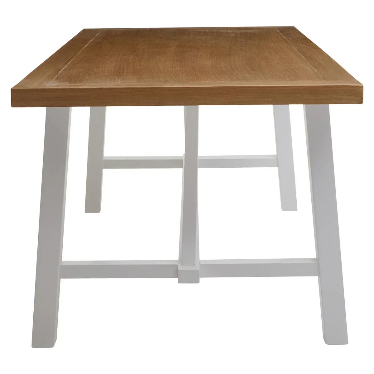 Rectangular wooden dining table with white angled legs, front view