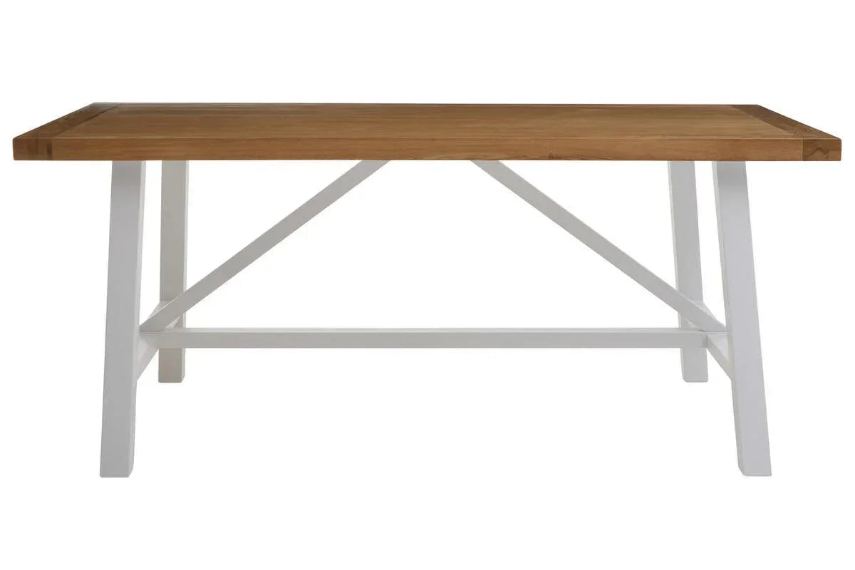 Rectangular wooden dining table with white legs and natural oak top, front view