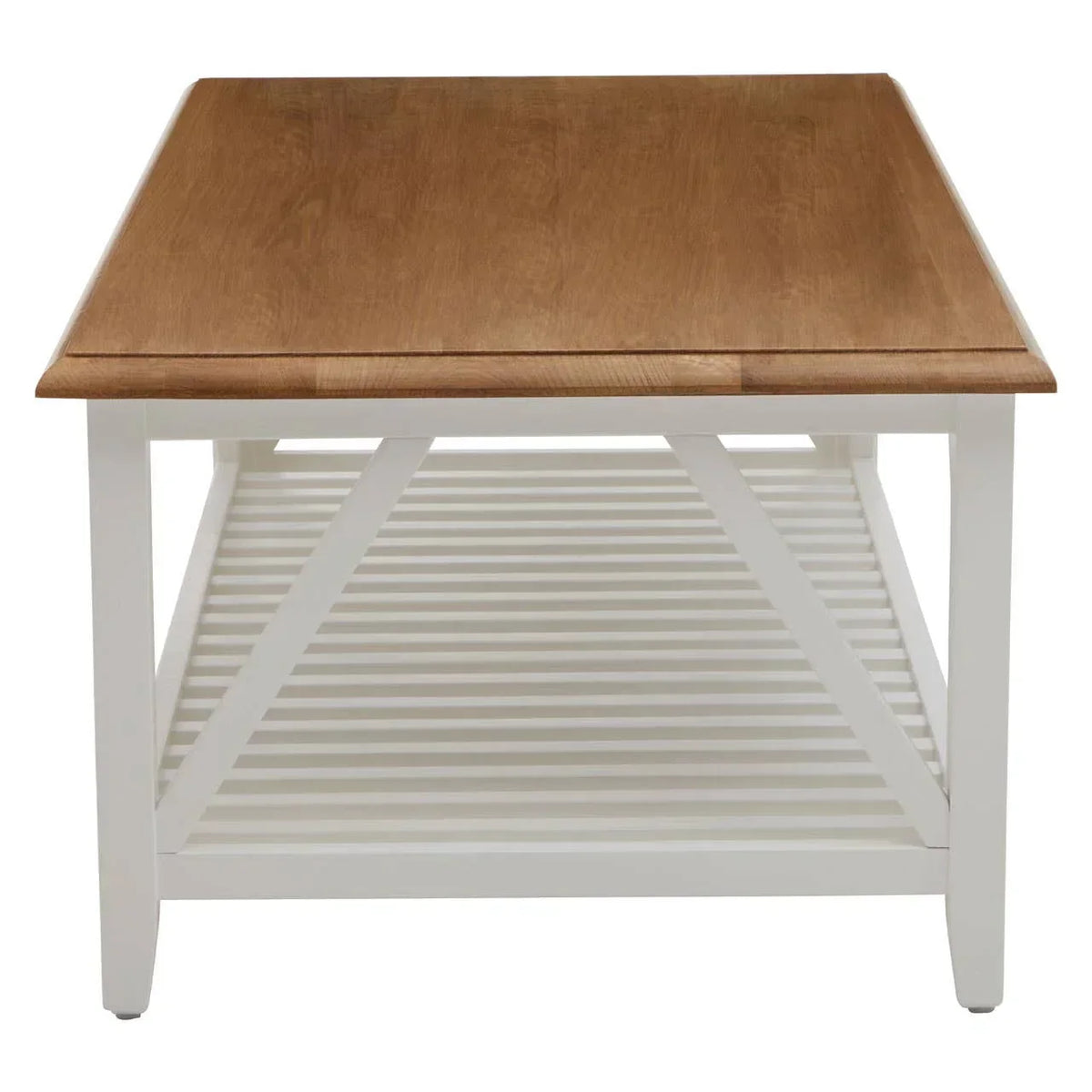 Wooden coffee table with white slatted shelf and natural oak top, front view