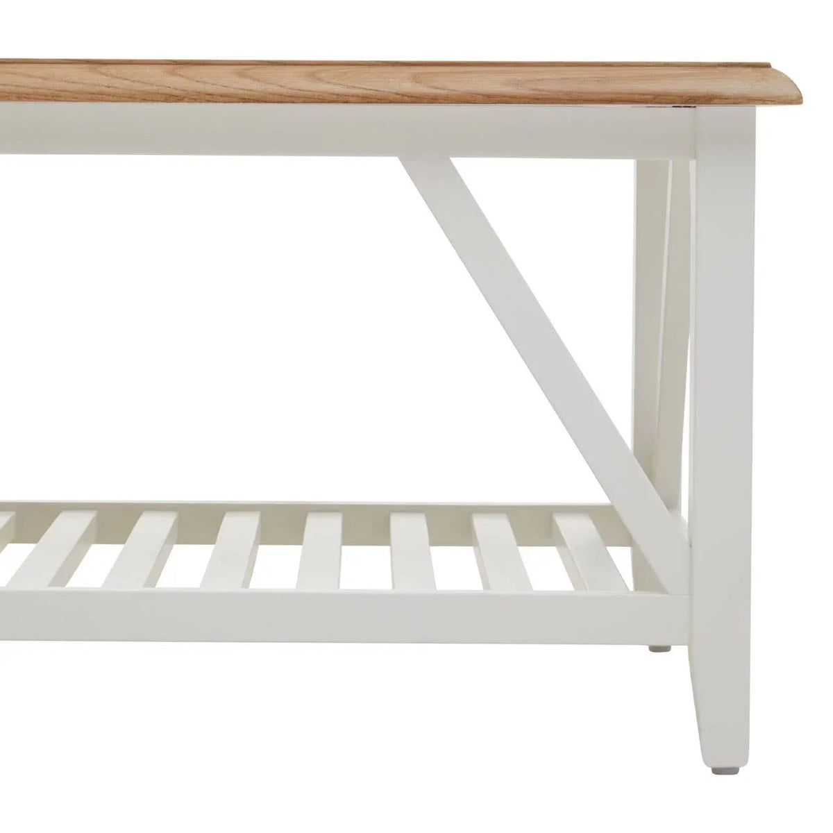 White wooden bench with slatted shelf and light oak seat, side angle view