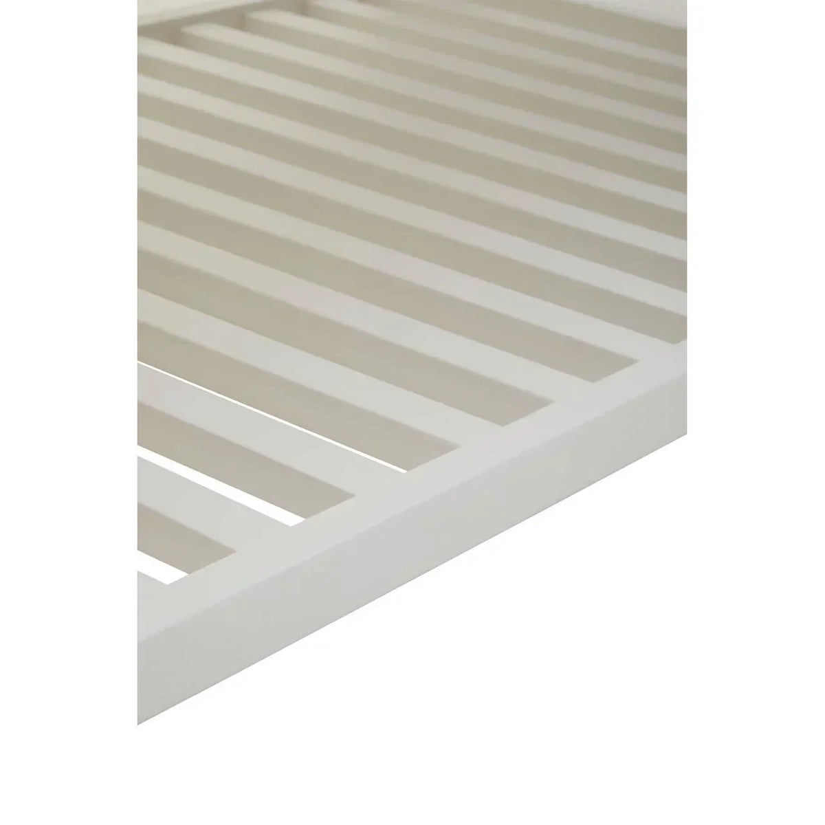 White wooden bed slats in close-up view showing sturdy frame and spaced support rails