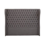 Grey super kingsize headboard featuring a tufted design with a high back and winged sides, providing a modern and elegant look suitable for a bedroom