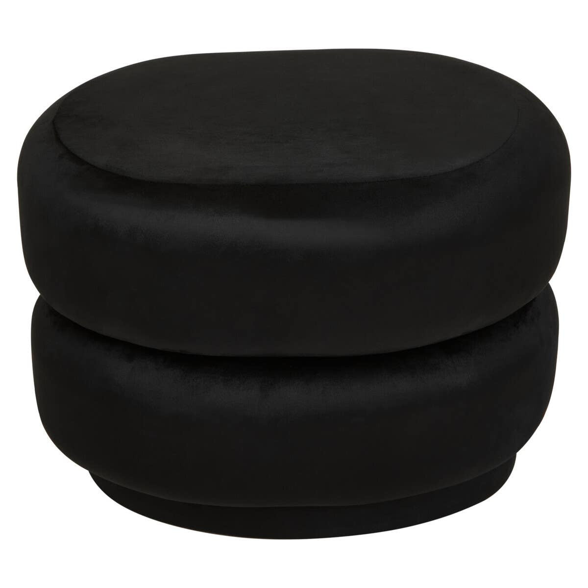Black velvet oval pouffe with a smooth, plush surface and a rounded shape, featuring a stacked design that adds a modern touch to home decor