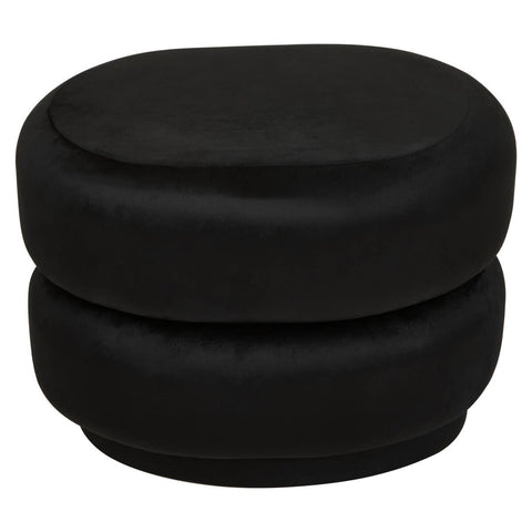 Black velvet oval pouffe with a smooth, plush surface and a rounded shape, featuring a stacked design that adds a modern touch to home decor