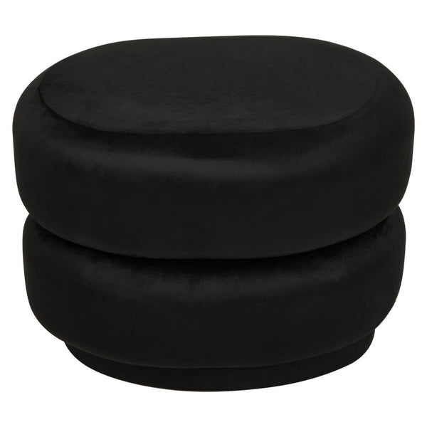 Black velvet oval pouffe with a smooth, plush surface and a rounded shape, featuring a stacked design that adds a modern touch to home decor