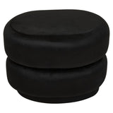 Black velvet oval pouffe with a smooth, plush surface and a rounded shape, featuring a stacked design that adds a modern touch to home decor