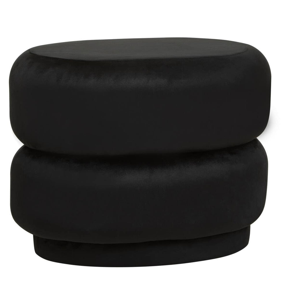 Black velvet oval pouffe with a smooth, rounded design featuring two stacked sections, suitable for use as a footrest or additional seating
