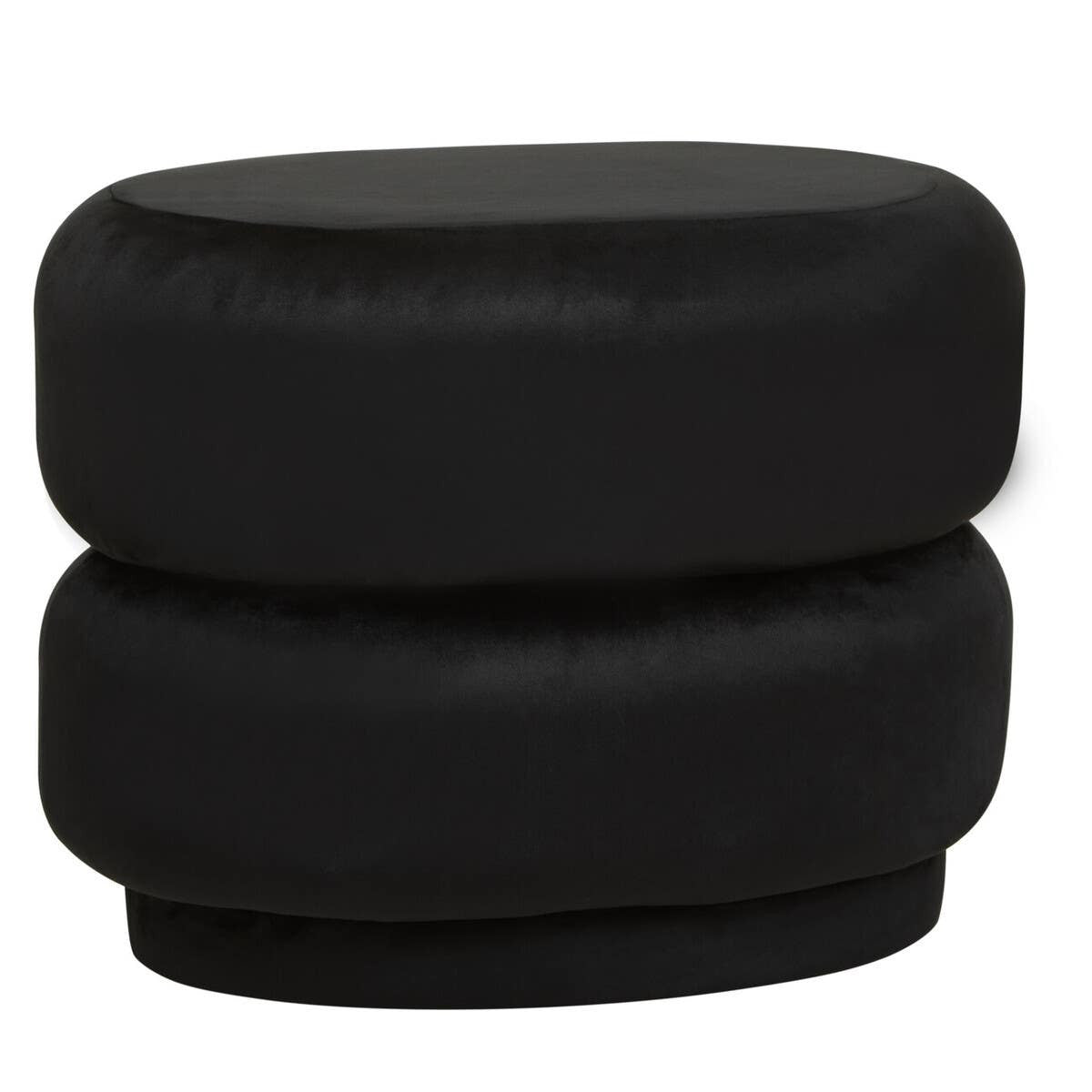 Black velvet oval pouffe with a smooth, rounded design featuring two stacked sections, suitable for use as a footrest or additional seating