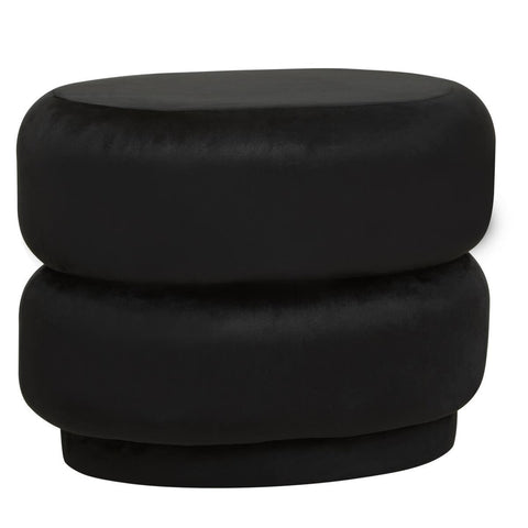 Black velvet oval pouffe with a smooth, rounded design featuring two stacked sections, suitable for use as a footrest or additional seating