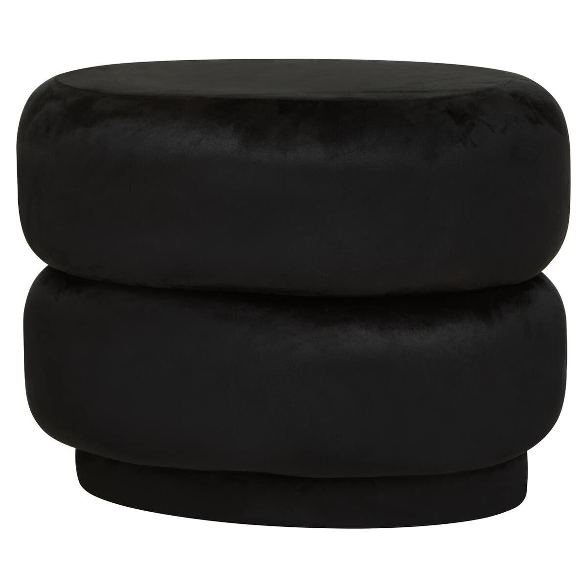 A plush black velvet oval pouffe with a smooth surface and a rounded, stacked design, suitable for use as a footrest or additional seating
